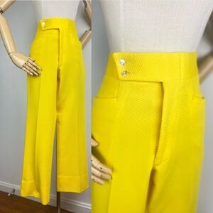 1970’s 70s LEMON YELLOW Waffle Weave Polyester Trousers Wide Leg Pants 35w M L
